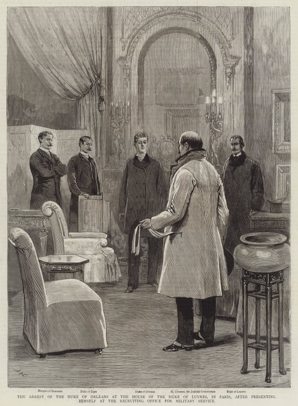 De arrestatie van de hertog van Orléans bij het huis van de hertog van Luynes, in Parijs, na zich te hebben gemeld bij het wervingsbureau voor militaire dienst door Joseph Nash