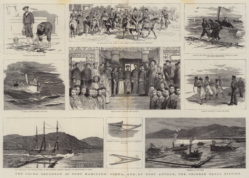 Het Chinese Eskader bij Port Hamilton, Korea, en bij Port Arthur, het Chinese Marine Station door Joseph Nash