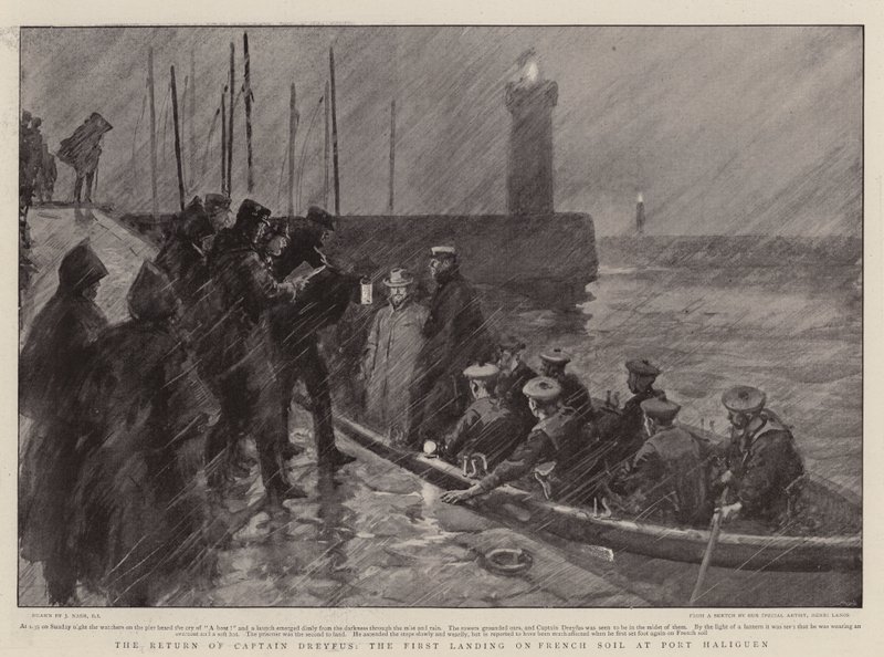 De terugkeer van kapitein Dreyfus, de eerste landing op Franse bodem in Port Haliguen door Joseph Nash