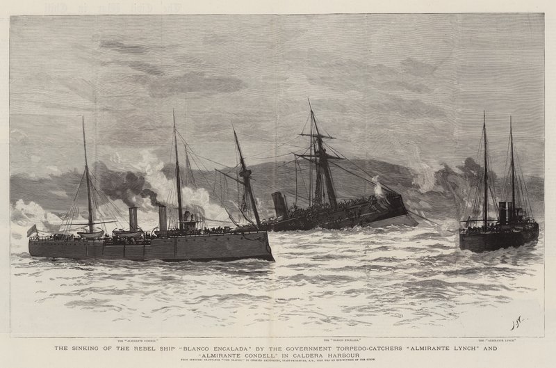 Het zinken van het rebellen schip Blanco Encalada door de regeringstorpedobootjagers Almirante Lynch en Almirante Condell, in de haven van Caldera door Joseph Nash