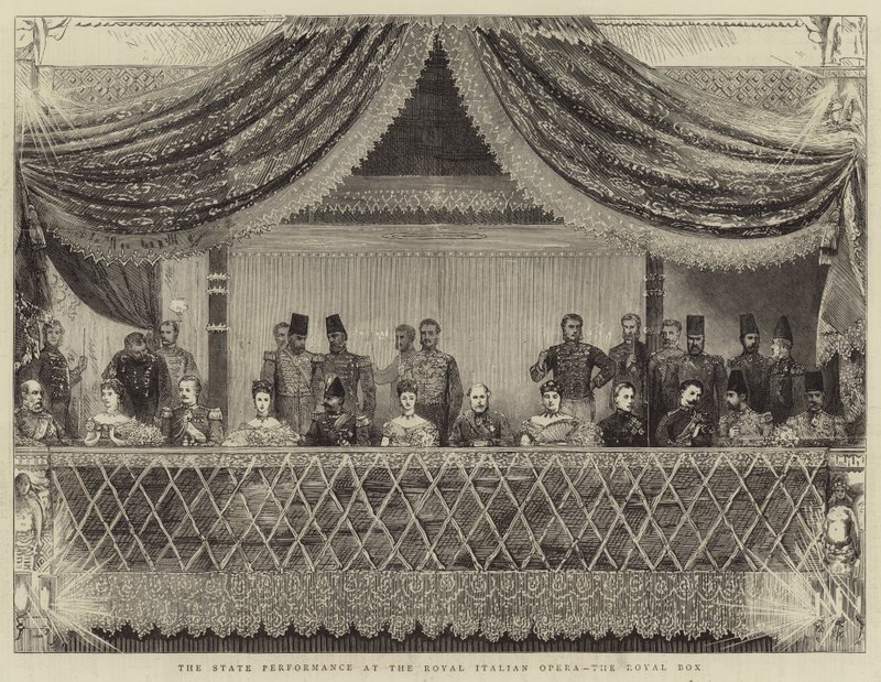 De staatsvoorstelling in de Royal Italian Opera, de koninklijke loge door Joseph Nash