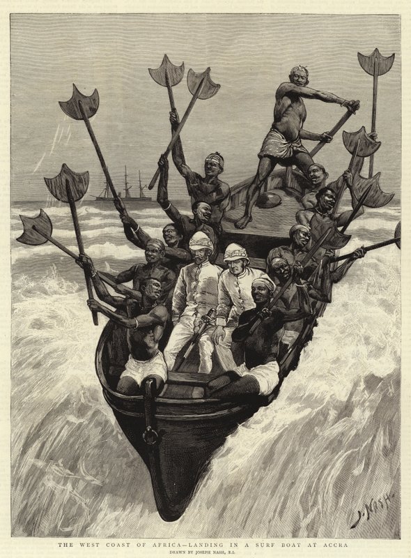 De Westkust van Afrika, landing in een Brandingboot bij Accra door Joseph Nash