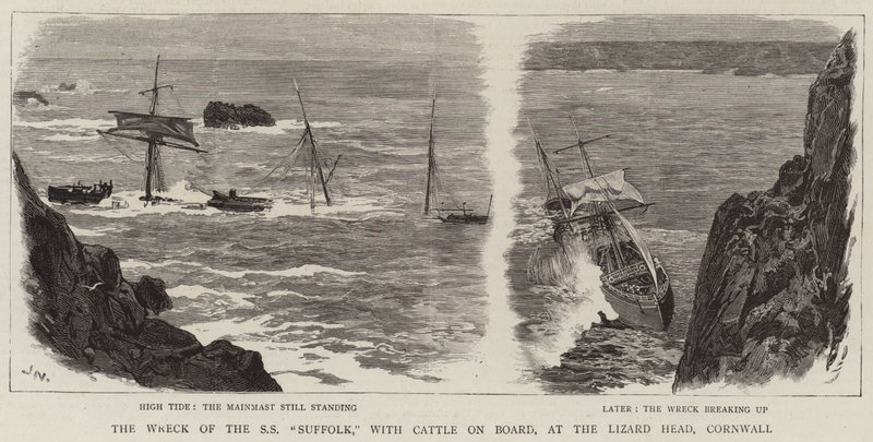 Het Wrak van de SS Suffolk, met Vee aan Boord, bij de Lizard Head, Cornwall door Joseph Nash