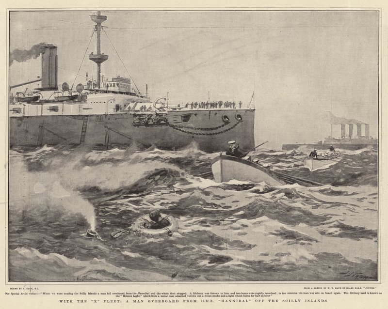 Met de X Vloot, een Man overboord van HMS Hannibal bij de Scilly-eilanden door Joseph Nash