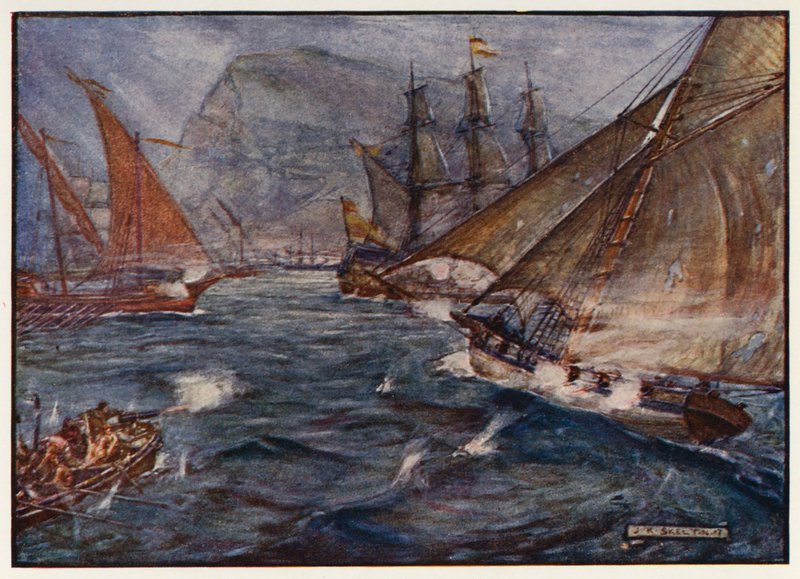 Britse cutter Buck ontwijkt de Spaanse blokkade van Gibraltar door Joseph Ratcliffe (after) Skelton