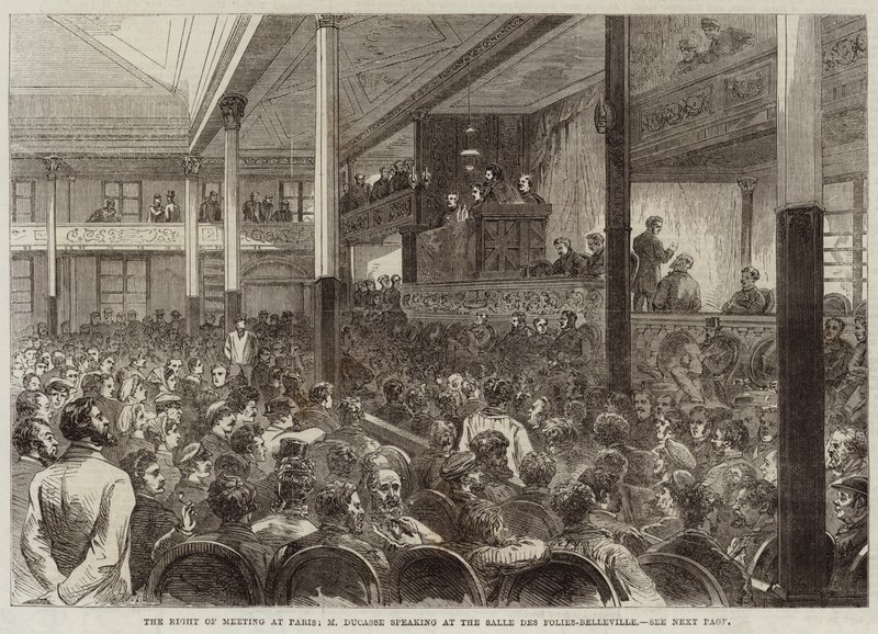Het recht van vergadering in Parijs, M. Ducasse spreekt in de Salle des Folies-Belleville door Jules Pelcoq