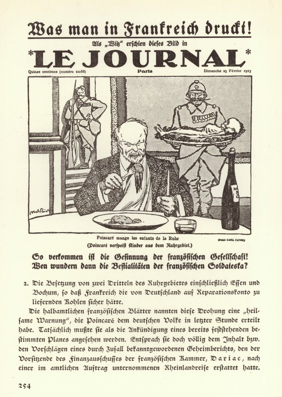 Duitse propaganda toont de voorpagina van een Franse krant met een cartoon van premier Raymond Poincare die de kinderen van het Ruhrgebied opeet tijdens de Franse bezetting van de regio door Jules Abel Faivre