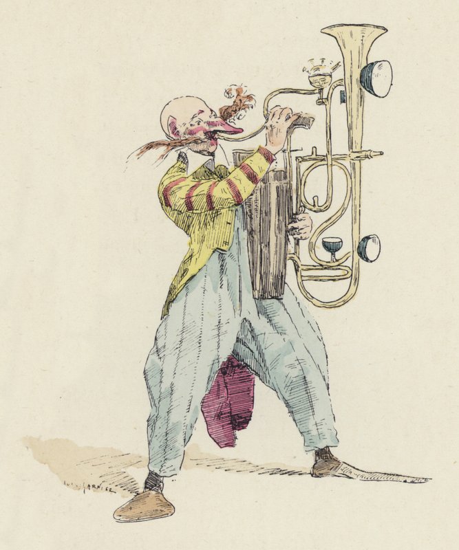 Clown die een ongewoon muziekinstrument bespeelt door Jules Arsene (after) Garnier