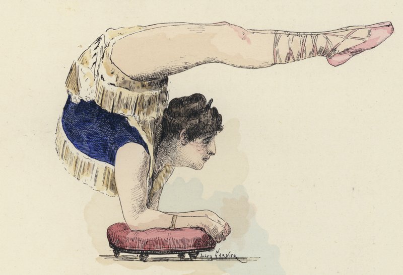 Vrouwelijke gymnast doet elleboogstand door Jules Arsene (after) Garnier
