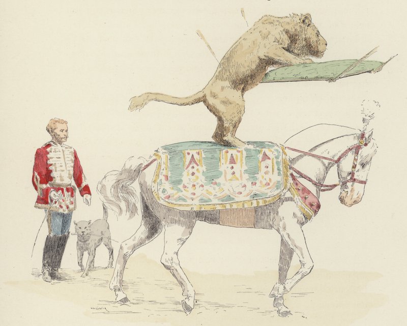 Leeuw balancerend op een paard door Jules Arsene (after) Garnier