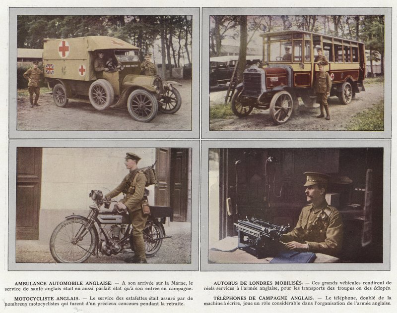 Engelse Ambulanceauto, Londense Autobus Gemobiliseerd, Engelse Motorrijder, Engelse Veldtelefoons door Jules Gervais Courtellemont