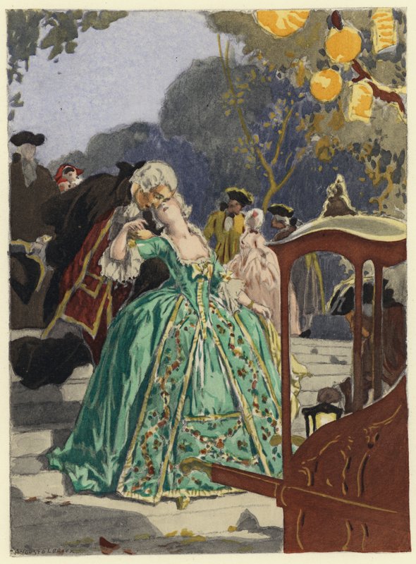 Illustratie voor memoires van Casanova (kleurenlitho) door Jules Marie Auguste Leroux