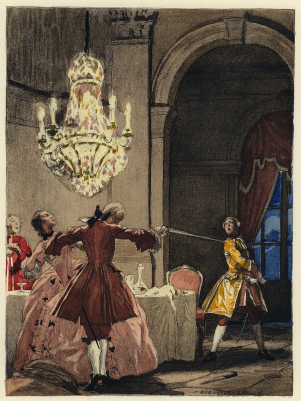 Illustratie voor memoires van Casanova (kleurenlitho) door Jules Marie Auguste Leroux
