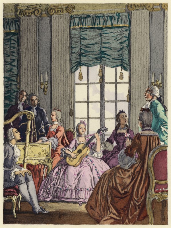 Illustratie voor memoires van Casanova (kleurenlitho) door Jules Marie Auguste Leroux