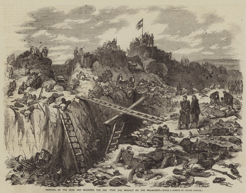 Verwijdering van de doden en gewonden de dag na de aanval op de Malakhoff door Julian Portch
