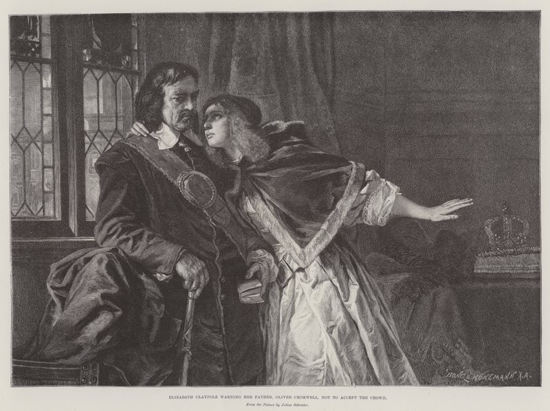 Elizabeth Claypole waarschuwt haar vader, Oliver Cromwell, om de kroon niet te accepteren door Julius Friedrich Anton Schrader