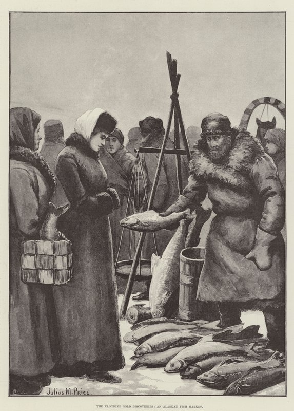 De Klondike Goudontdekkingen, een Alaskaanse Vismarkt door Julius Mandes Price