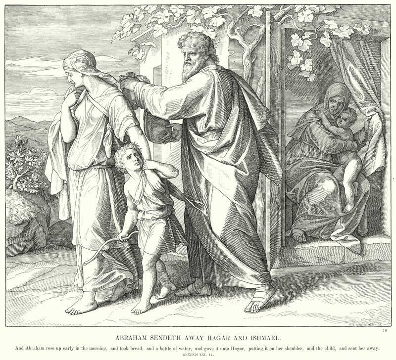 Abraham Zendt Hagar en Ismaël Weg (gravure) door Julius (after) Schnorr von Carolsfeld