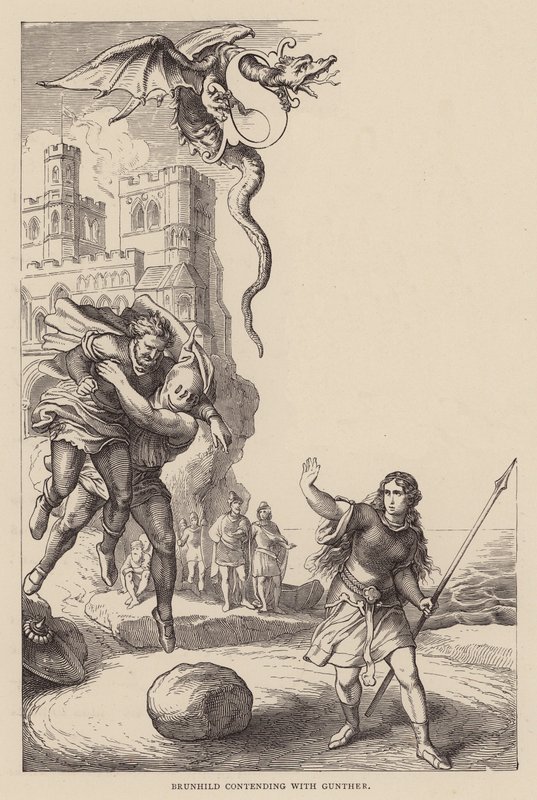 Brunhild strijdend met Gunther door Julius (after) Schnorr von Carolsfeld