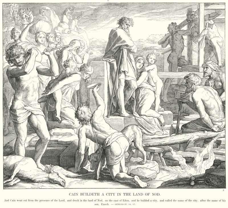 Kaïn bouwt een stad in het land Nod door Julius (after) Schnorr von Carolsfeld