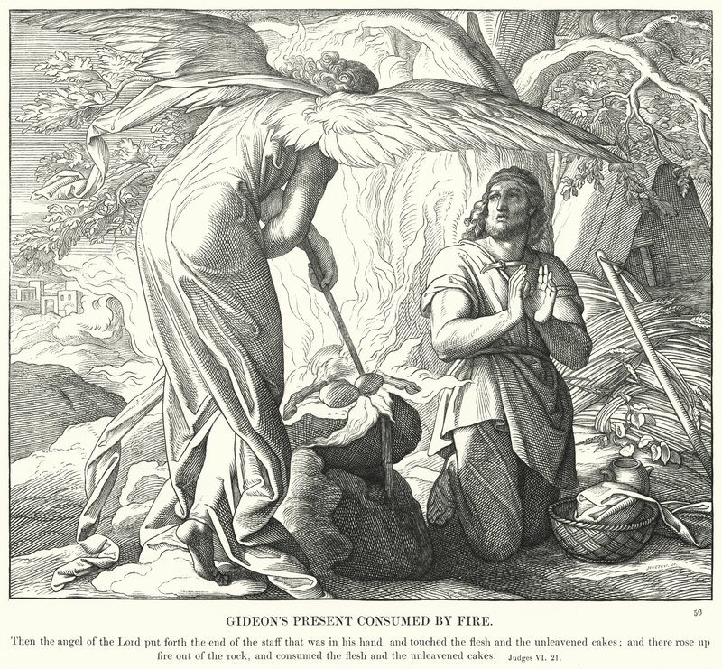 Gideons Offer Verteerd door Vuur (gravure) door Julius (after) Schnorr von Carolsfeld