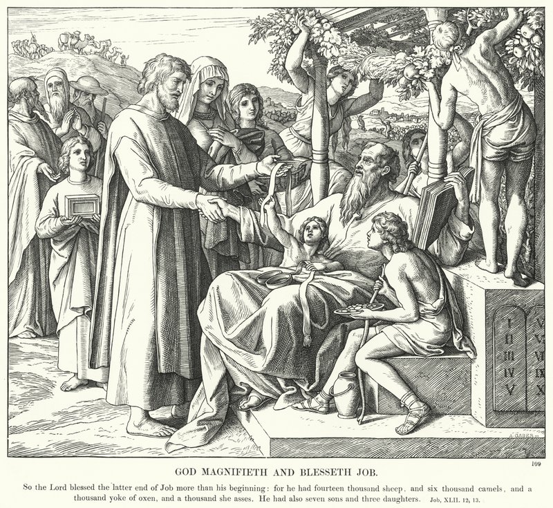 God Verheerlijkt en Zegent Job (gravure) door Julius (after) Schnorr von Carolsfeld