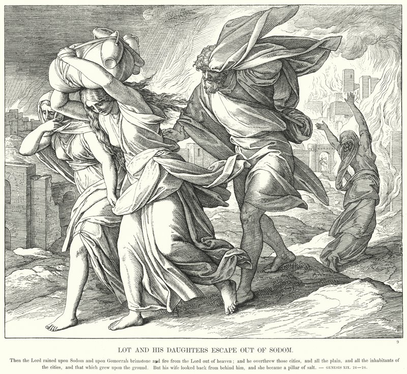 Lot en zijn Dochters Ontsnappen uit Sodom (gravure) door Julius (after) Schnorr von Carolsfeld