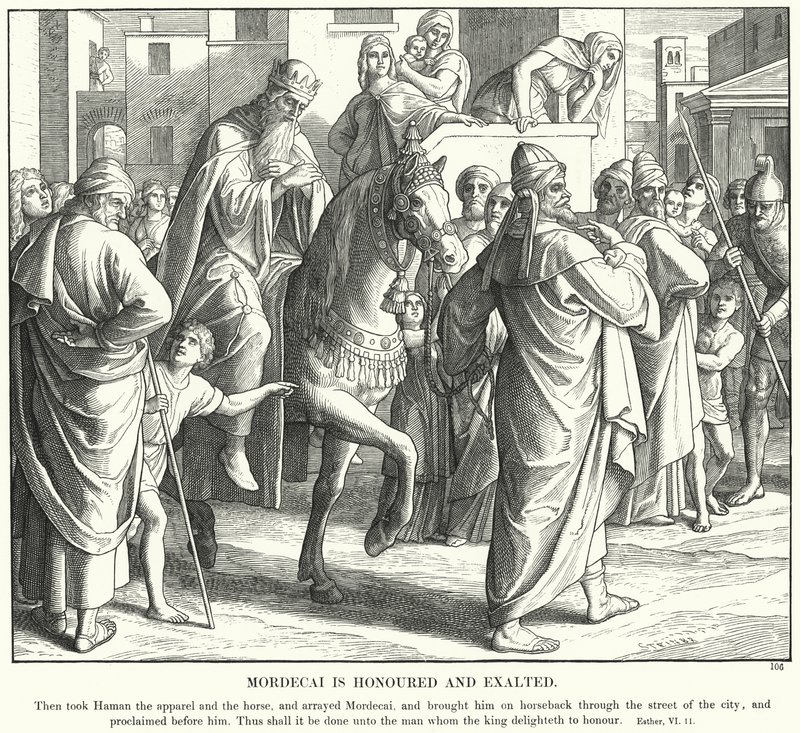 Mordechai wordt geëerd en verheven door Julius (after) Schnorr von Carolsfeld