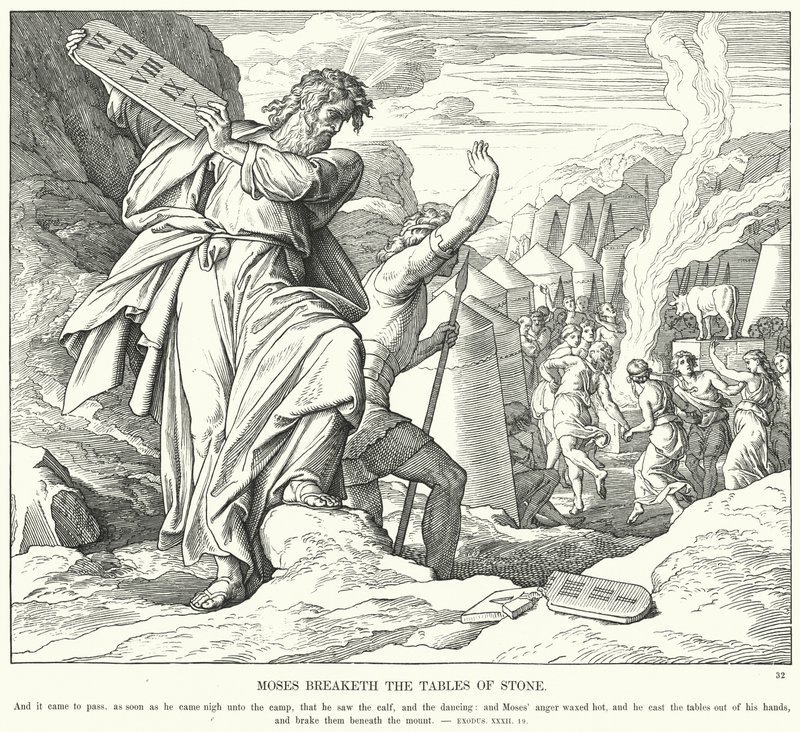 Mozes breekt de stenen tafelen door Julius (after) Schnorr von Carolsfeld