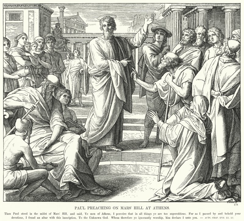 Paulus predikt op de Areopagus in Athene (gravure) door Julius (after) Schnorr von Carolsfeld
