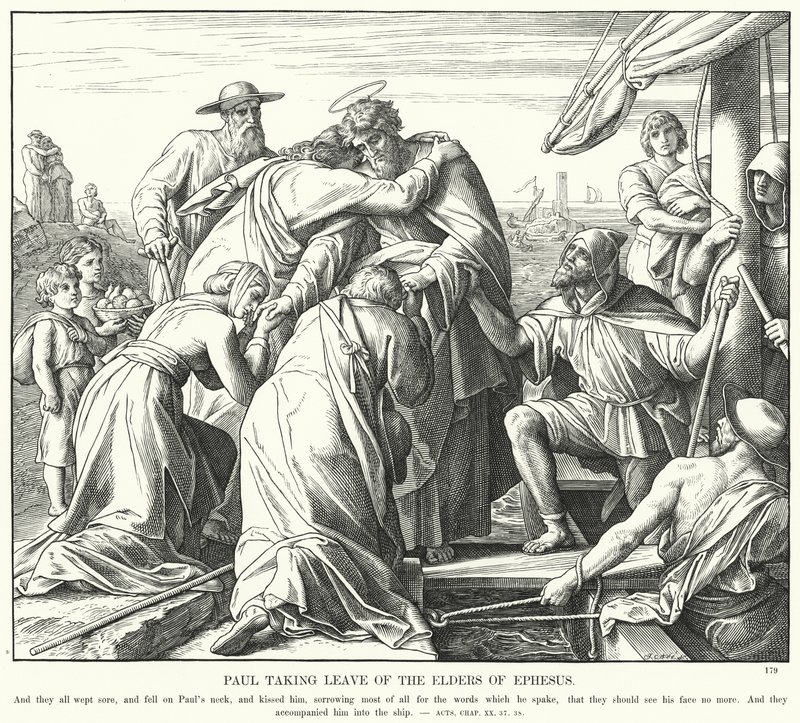 Paulus neemt afscheid van de oudsten van Efeze (gravure) door Julius (after) Schnorr von Carolsfeld