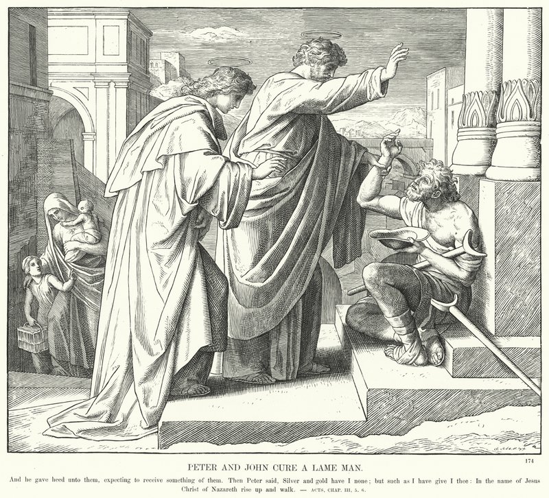 Petrus en Johannes genezen een lamme man door Julius (after) Schnorr von Carolsfeld