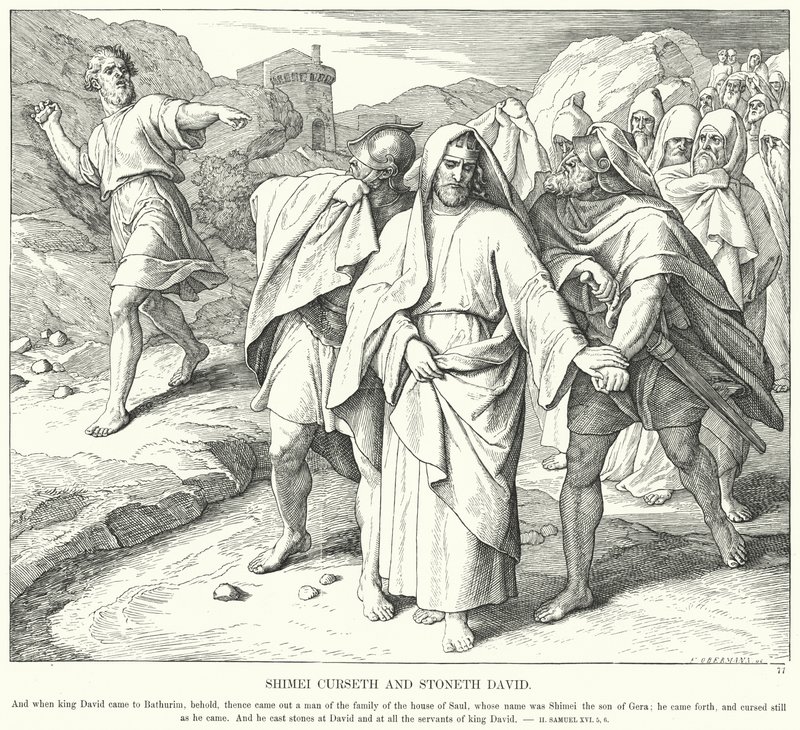 Shimei vervloekt en stenigt David door Julius (after) Schnorr von Carolsfeld