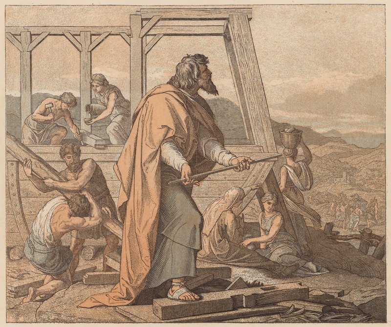 De bouw van de ark, Genesis, VI door Julius (after) Schnorr von Carolsfeld