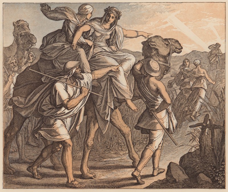De ontmoeting van Isaak en Rebekka, Genesis, XXIV, 64 door Julius (after) Schnorr von Carolsfeld