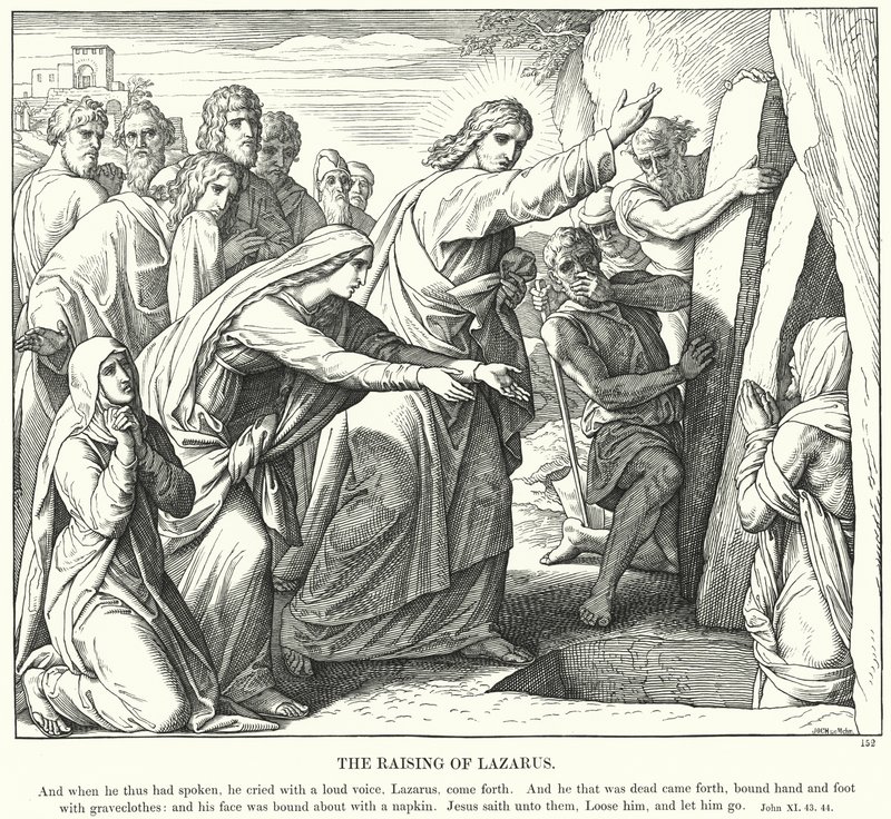 De Opwekking van Lazarus (gravure) door Julius (after) Schnorr von Carolsfeld