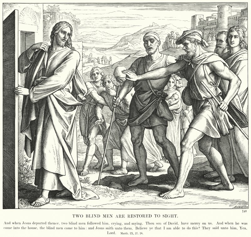 Twee Blinden Worden Genezen (gravure) door Julius (after) Schnorr von Carolsfeld