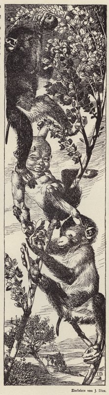 Apen plukken fruit in een boom (litho) door Julius Diez