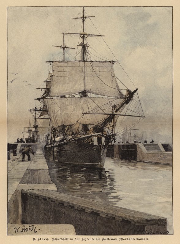Trainingsschip in de sluis bij Holtenau aan het Kielerkanaal, Duitsland (ingekleurde gravure) door Karl Storch
