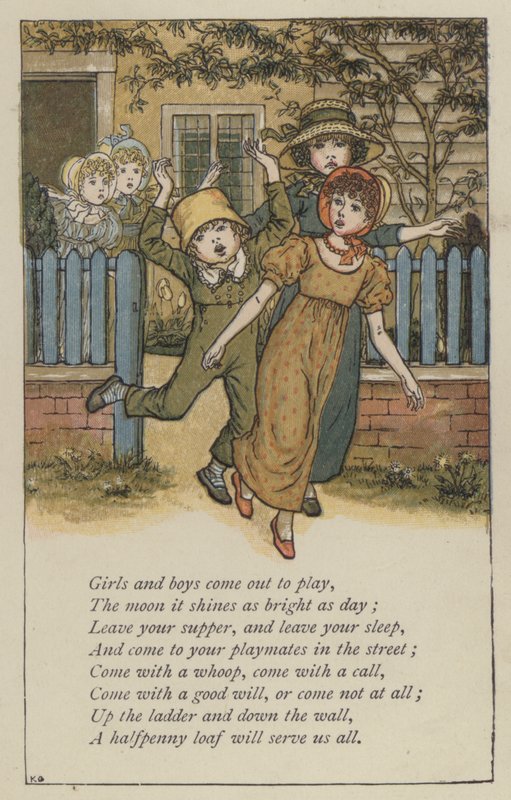 Meisjes en jongens kom buiten spelen door Kate (after) Greenaway