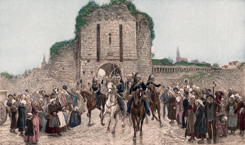 Cavalerie verlaat een Bretonse stad door Lady  Butler