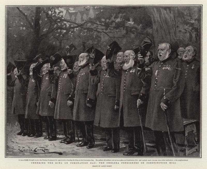 De koning toejuichen op kroningsdag, de Chelsea-pensionarissen op Constitution Hill door Lance Calkin