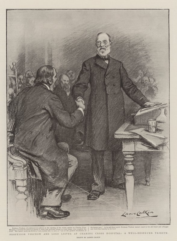 Professor Virchow en Lord Lister in Charing Cross Hospital, een welverdiend eerbetoon door Lance Calkin