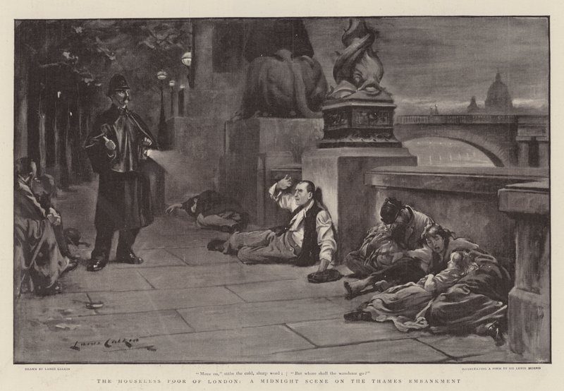 De daklozen armen van Londen, een middernachtscène op de Thames Embankment door Lance Calkin