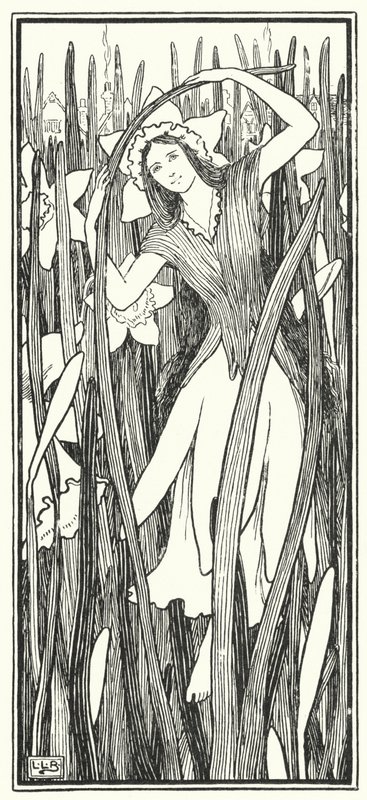 Daffy-down-dilly is naar de stad gekomen, in een gele onderrok en een groene jurk (gravure) door Leonard Leslie Brooke