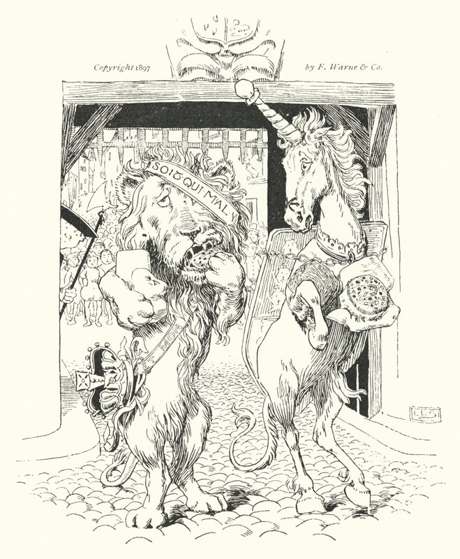De leeuw en de eenhoorn, vochten om de kroon (gravure) door Leonard Leslie Brooke