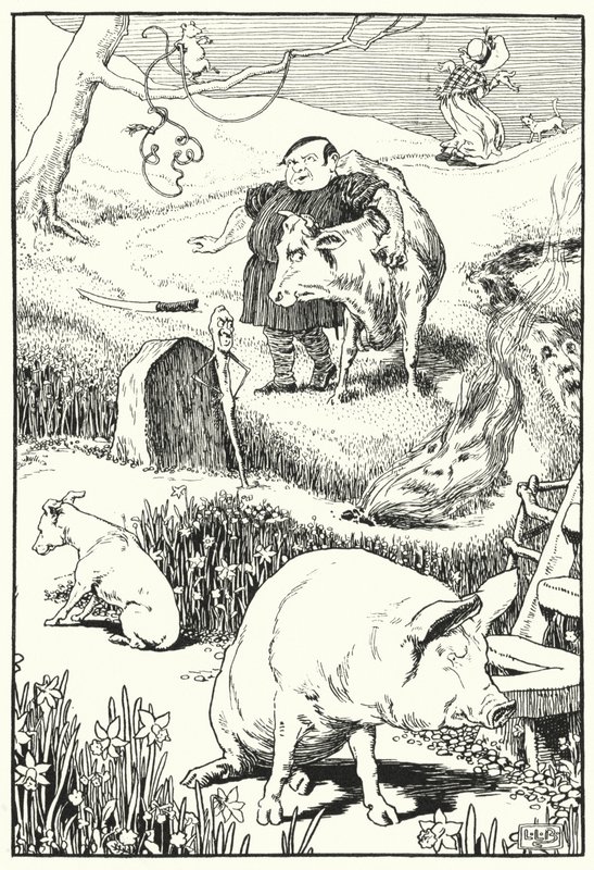 De oude vrouw en haar varken (gravure) door Leonard Leslie Brooke