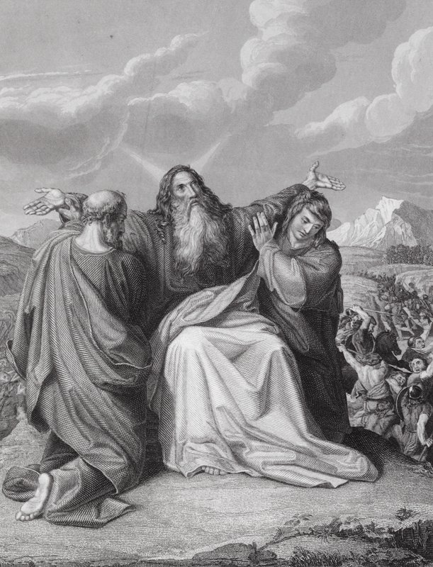 Het omhooghouden van de handen van Mozes, Exodus, Hoofdstuk 17, vers 12 door Leopold Kupelwieser