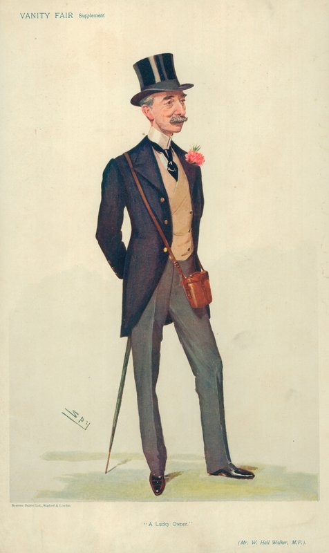 Mr W Hall Walker MP, een gelukkige eigenaar, 21 juni 1906, Vanity Fair cartoon door Leslie Matthew Ward