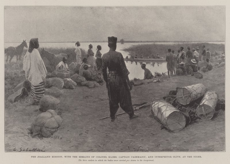 De Joalland-missie, met de overblijfselen van kolonel Klobb, kapitein Cazemajou en tolk Olive, bij de Niger door Louis Remy Sabattier